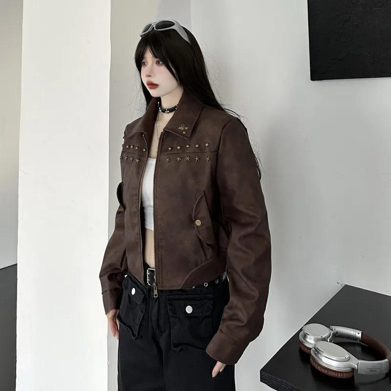 Korean Chic Spring Retro PU Leather Jacket Metal Buttons Loose Long-sleeved Short Coat Women Simple O Neck Streetwear Tops