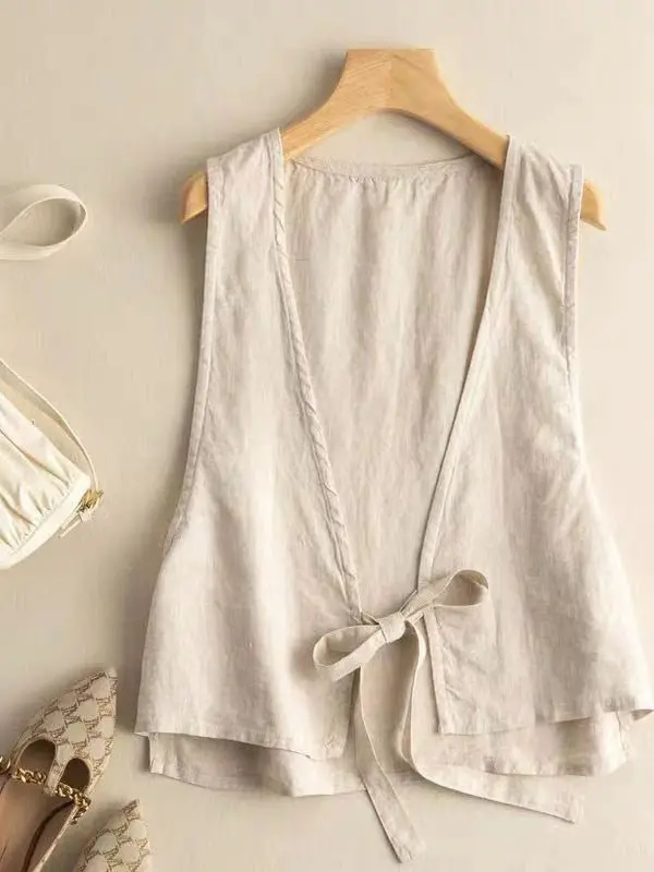 Loose Fit V-Neck Korean Style Thin Cardigan Sleeveless Vest Outerwear Belted Commute Wind Ladies Summer Fashion Casual Dress