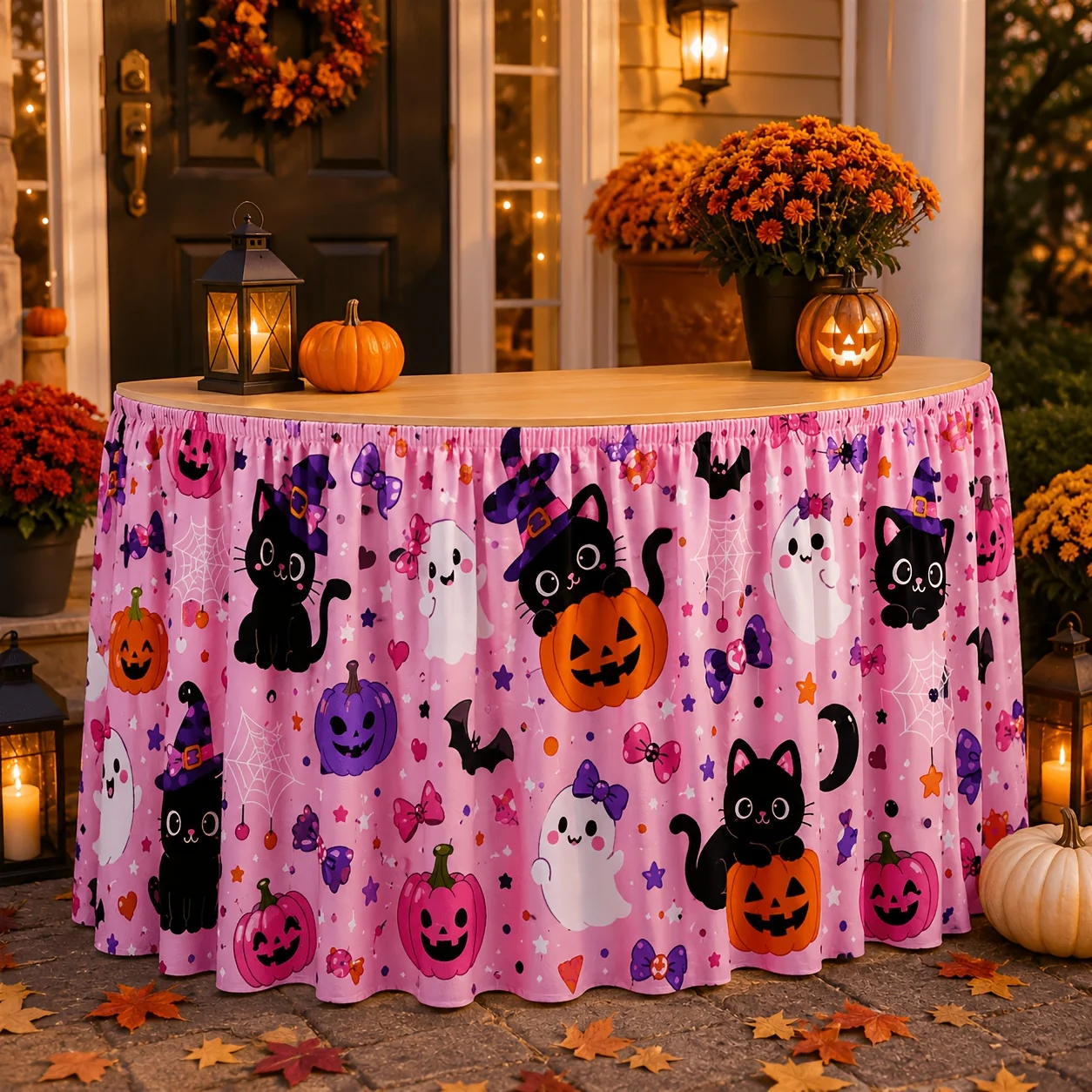 One tablecloth or table skirt. Cute pink Halloween table skirt pattern. Witch, black cat, pig head lamp, pumpkin, ghost.