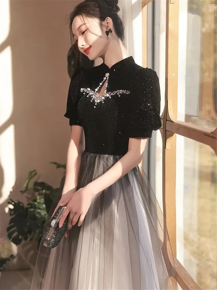 Black Dress for Women Summer New Splicing Nail Sequin Stand Collar Net Yarn Short Sleeve Long A-line Skirt Female Clothing M098