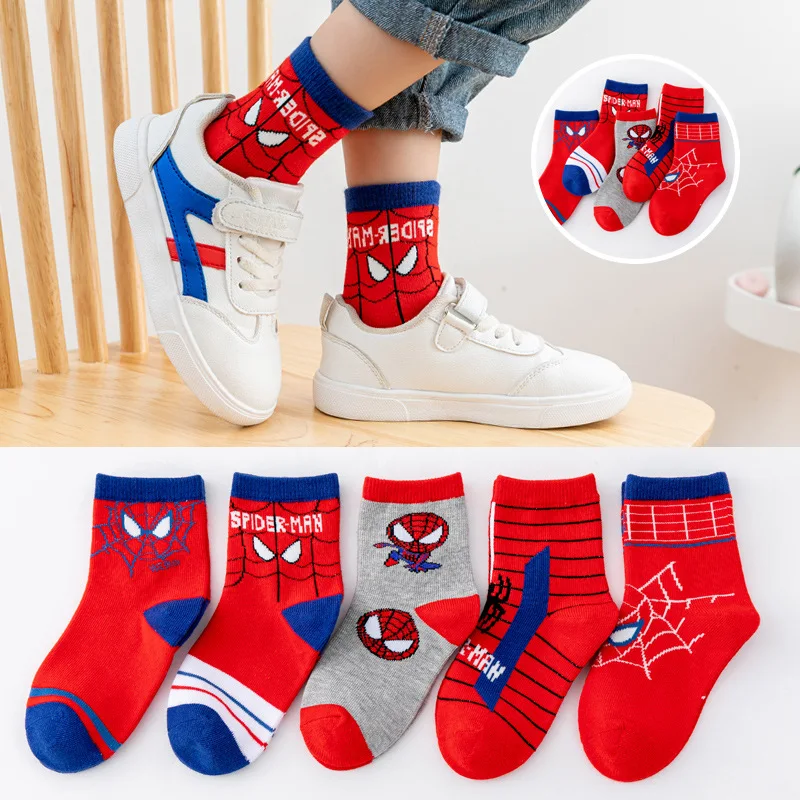 5 Pairs Spider-Man Socks Boys Anime Hero Accessories Cute Breathable Socks Cartoon Autumn and Winter Cotton 1-12Y Short Socks
