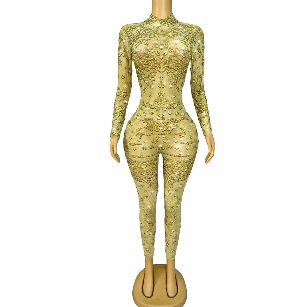 Sexy Stage Shining Gold Rhinestones Jumpsuit Long Sleeves Bodysuit Special Perform Costume Dance Fashion Show Photoshoot Outfit