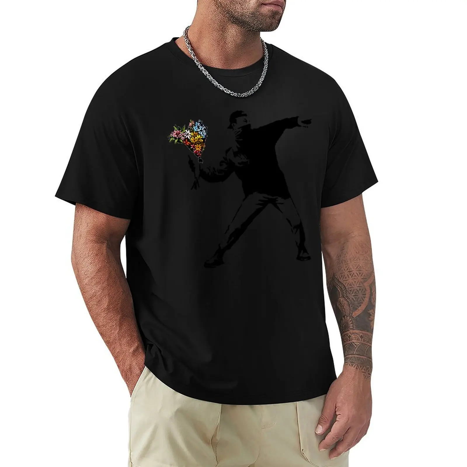 Banksy - Rage, Flower Thrower T-Shirt Minimalist Graphic Tee Shirt