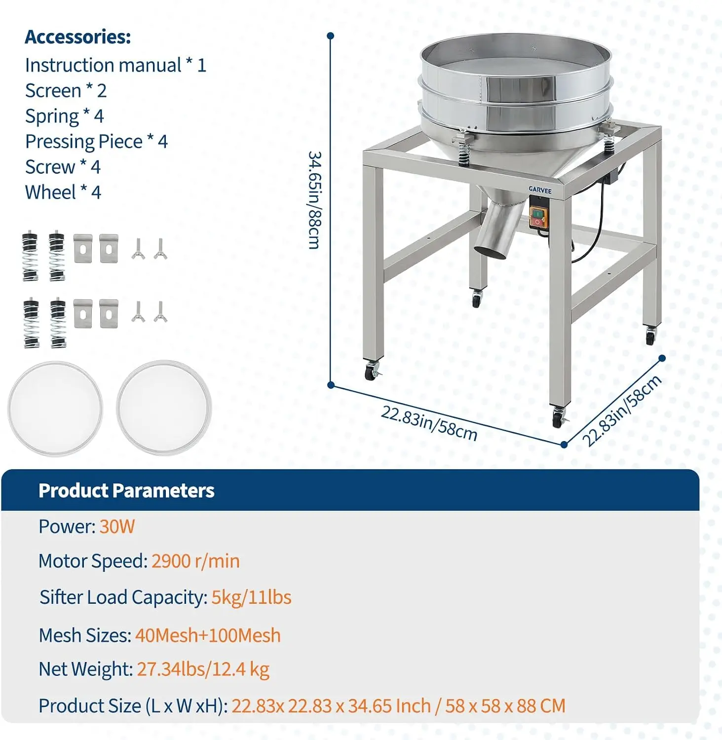 TWISTER.CK Automatic Powder Sifter – Electric Flour Shaker with 40 & 100 Mesh Stainless Steel Screens, High-Speed Sifting for Baking & Food Processing