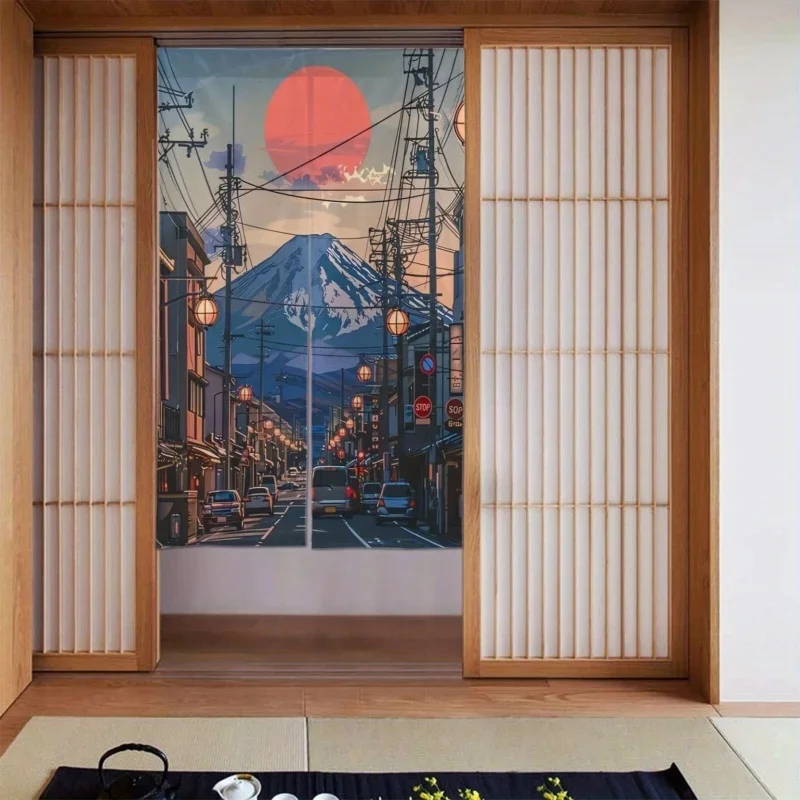 VIKAMA Vintage Anime Style Noren Curtain Mount Fuji Red Sun Town Street Pattern Fabric Doorway Partition Curtain for Entrance