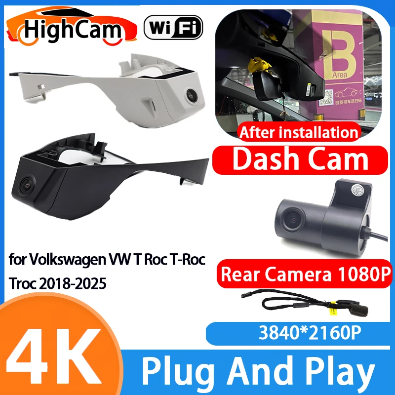HighCamfor Volkswagen VW T-Roc 2018-2025, Cámara de Video DVR para Auto 4K Wifi 2160P IMX335 OEM, Grabador de Video, Cámara Delantera y Trasera