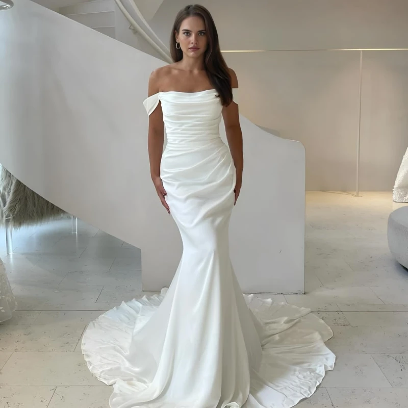 

Elegant Mermaid Satin Wedding Dresses Off-The-Shoulder Ruched Sleeveless Sweep Train Wedding