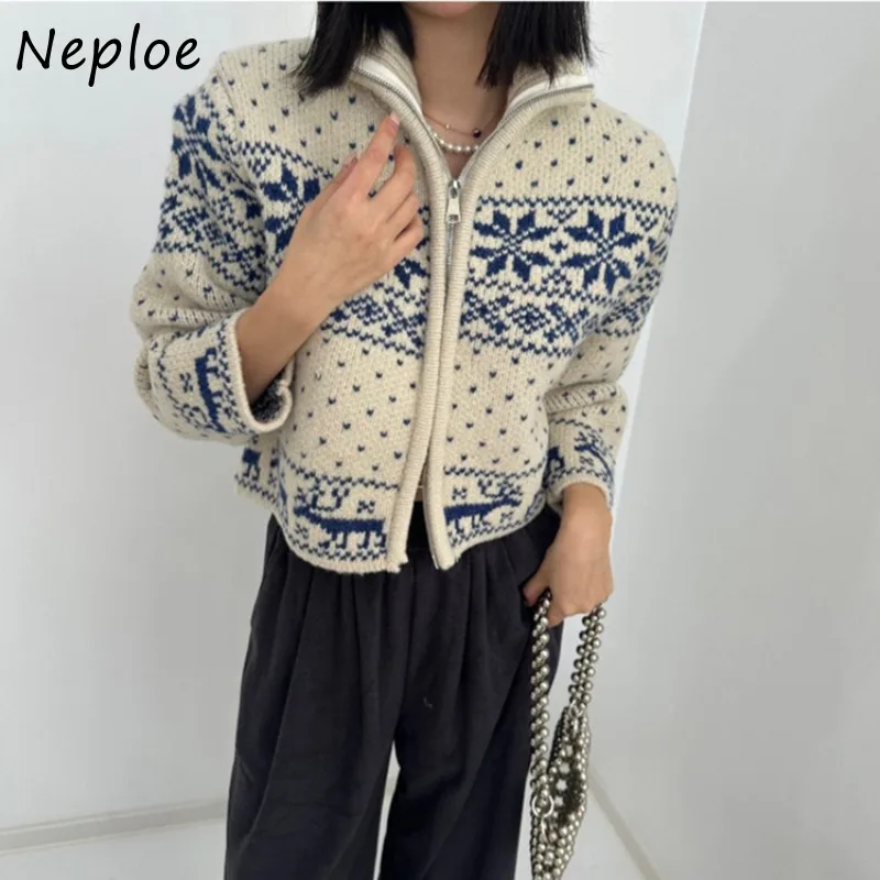 

Neploe Heavy Fashion Snowflake Pattern Tops Mujer Autumn Winter New Knitted Cardigan Y2k Long Sleeve Zipper Sweaters Coat