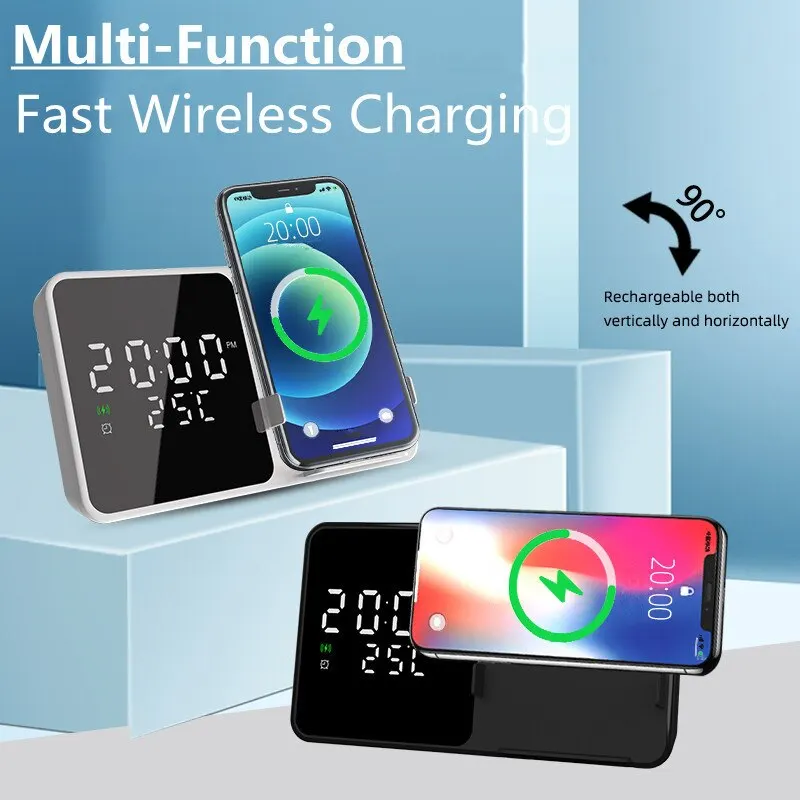 Multifunction Wireless Charger Stand Alarm Clock LED Digital Thermometer Phone Chargers Fast Charging Station for iPhone Samsung