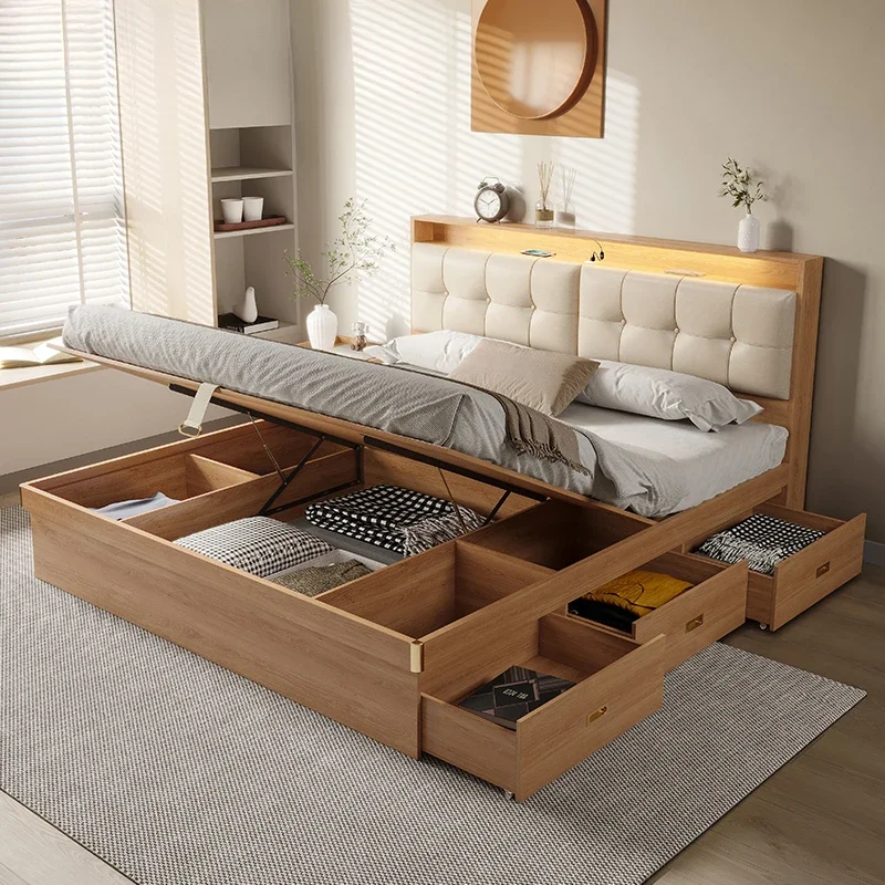 

Design Adults Luxury Double Bed Modern Storage Space Queen Loft Bed Space Saving Letto Matrimoniale Furniture For Bedroom