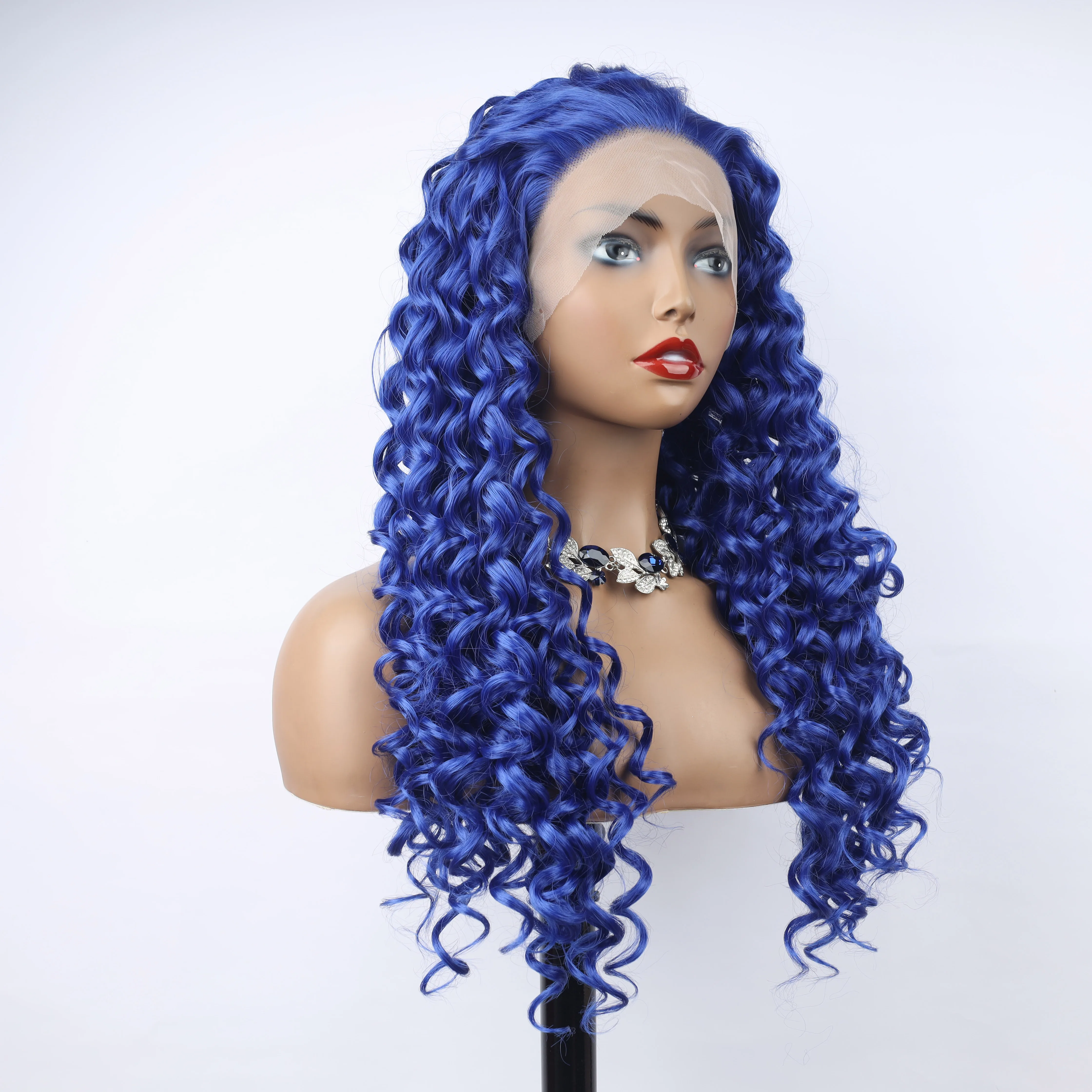 oley Fashion Curly Wig Synthetic Lace Front Wigs Blue Female Lace Wig 13X3 For Black Women Cosplay Hair Daily Use