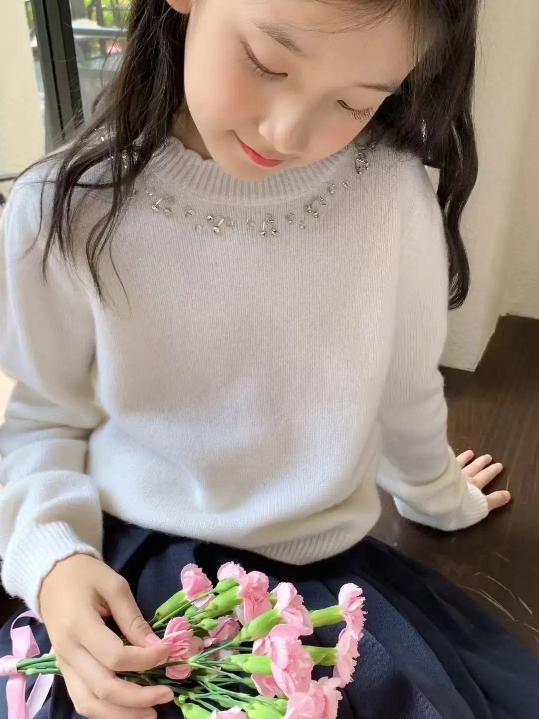 

25 Winter New Rhinestone Diamond Cherry Girls Sweater Pullovers for Kids