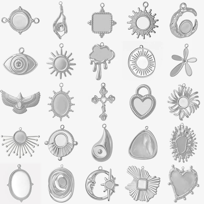 5pcs/Lot Geometric Eye Heart Sun Stainless Steel Charm Blank Cabochon Base Setting DIY Pendants For Jewelry Making Supplies Bulk