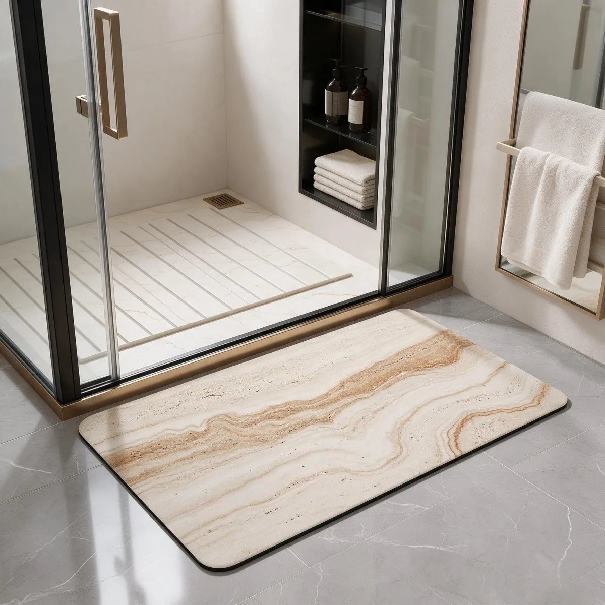 Tappetino da bagno quadrato in fango di diatomee, assorbente e antiscivolo, con fondo in gomma, ideale per il bagno e l’ingresso.
