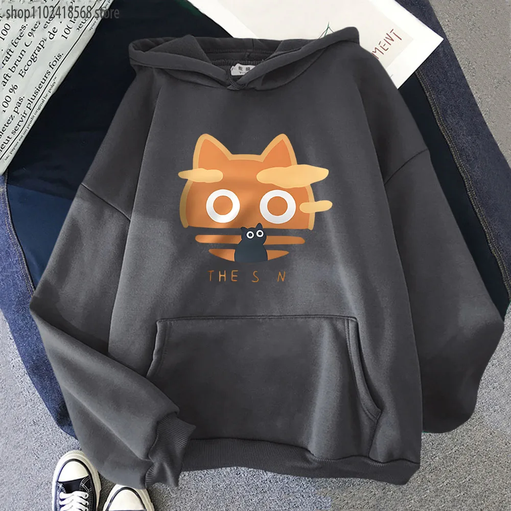 The Sun Orange Cat Graphic Hoodies Fun Long Sleeve Casual Y2k Clothes Long Sleeve Winter Fleece Tops Harajuku Men Women Pullover