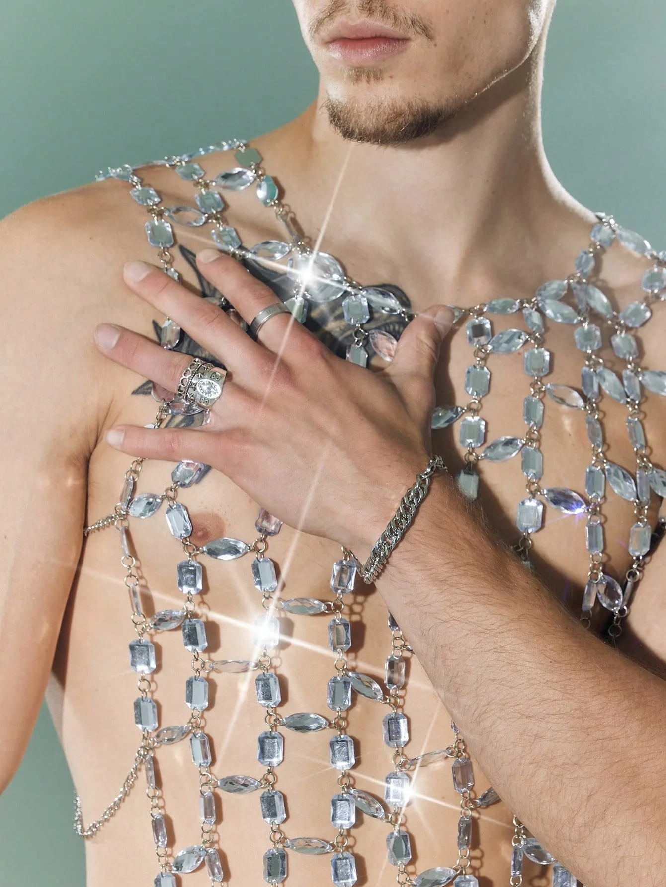 Nuovo Gilet Senza Maniche con Catena di Diamanti Flash, Gilet da Uomo per Performance con Nappe Rettangolari di Diamanti e Strass, Stile Heavy Industry