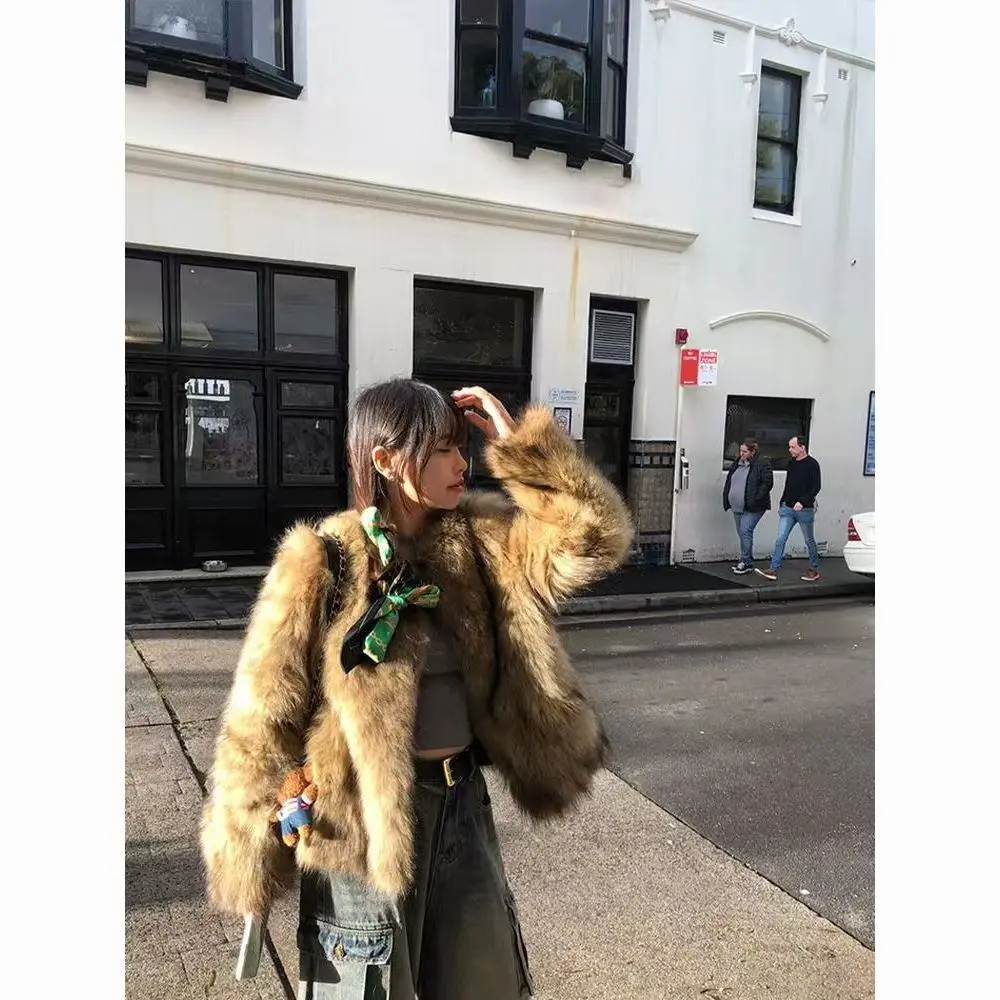 인조 모피 그린 코트 여성용 오버코트 스탠드업 스노우 걸 스트리트웨어 접이식 양면 스냅 여성용 사이드 스트리트 체크무늬 에모 트렌드