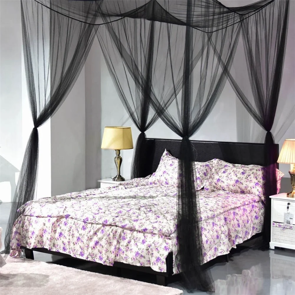 

Four-door White/Black Bed Canopy Mosquito Net Queen King Size Netting Bedding Home Decor