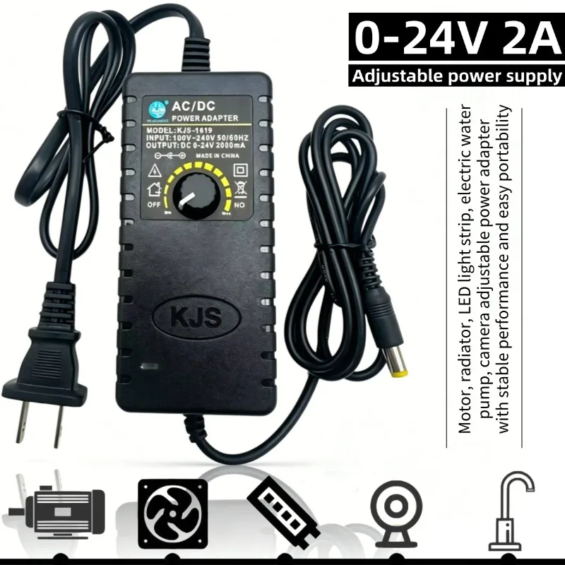 0-24V 2A Adjustable Power Supply for LED Dimmer Motor Speed Controller, Variable AC/DC Adapter, Energy Saving Transformer