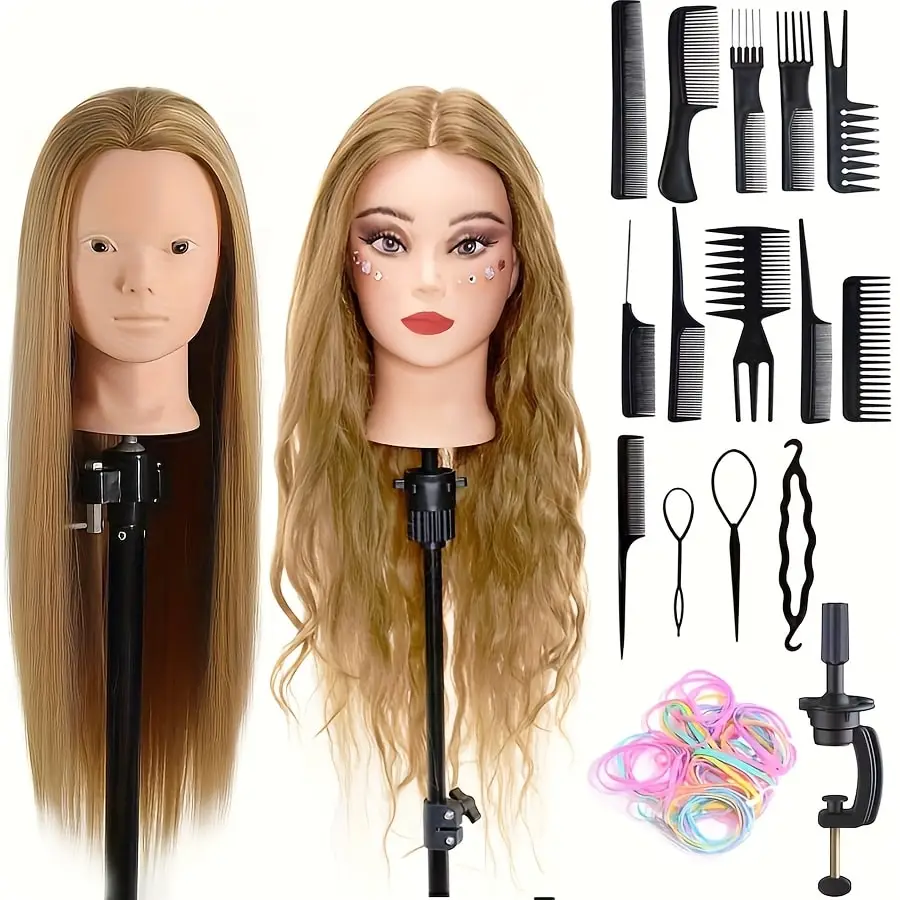 

24 Inch Makeup Hair Mannequin Head with Synthetic Hair Cosmetology Practice Doll Braiding Hairdressing Head
