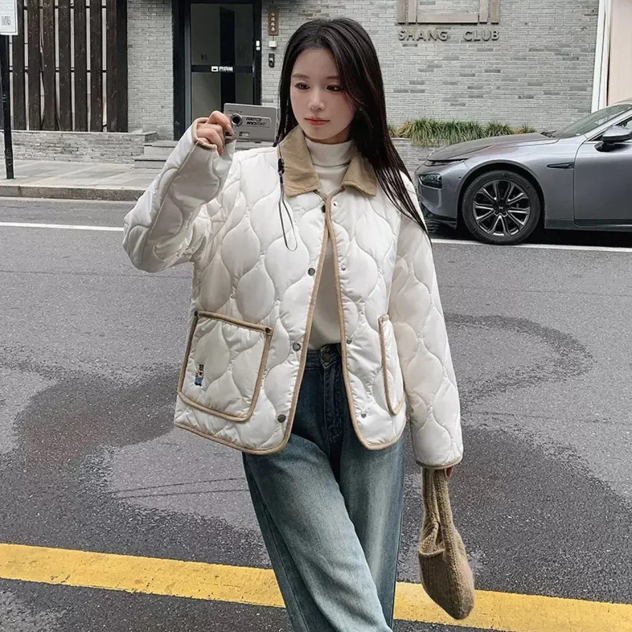 

Trendy Loose Quilted Coats Female Clothes Tops Winter New Fashion Women's Contrast Color Turn-down Collar Single-breasted Casual