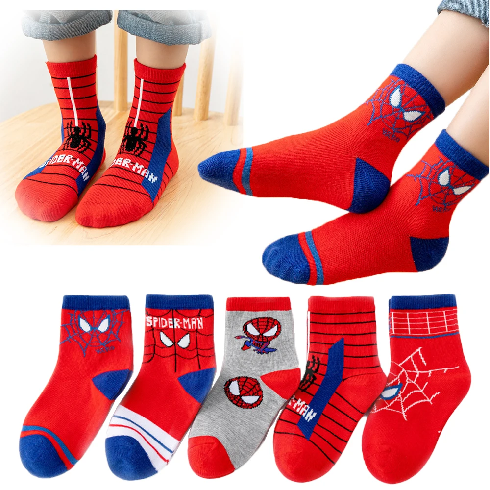 5 Pairs Spider-Man Socks Boys Anime Hero Accessories Cute Breathable Socks Cartoon Autumn and Winter Cotton 1-12Y Short Socks