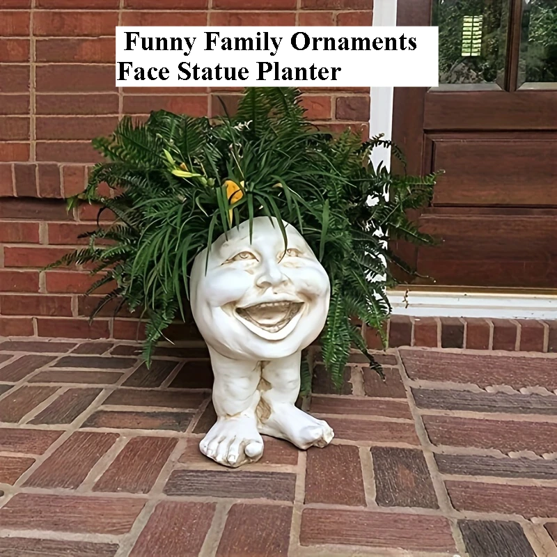 Rustic Resin Muggly'S The Face Statue Planter, Thanksgiving Floor Mounted Figures/People Theme, No Electricity or Battery Needed