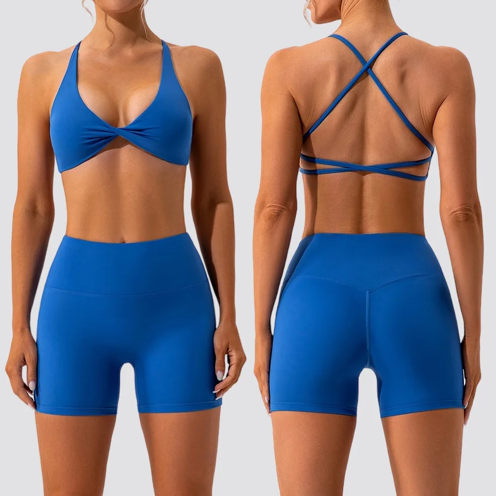 2pcs Soft Nylon Yoga Sets Women Workout Outfits Shorts Halter Neck Bra High Waist Shorts Yoga Leggings Fitness Clothes Gym Suits