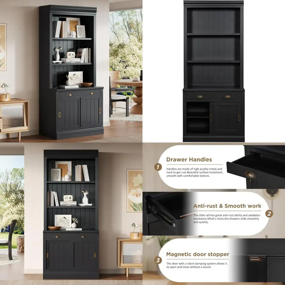 رف كتب حديث طويل مع أبواب منزلقة، خزانة كتب للتخزين، درج واحد، أرفف مفتوحة، تصميم معاصر #1