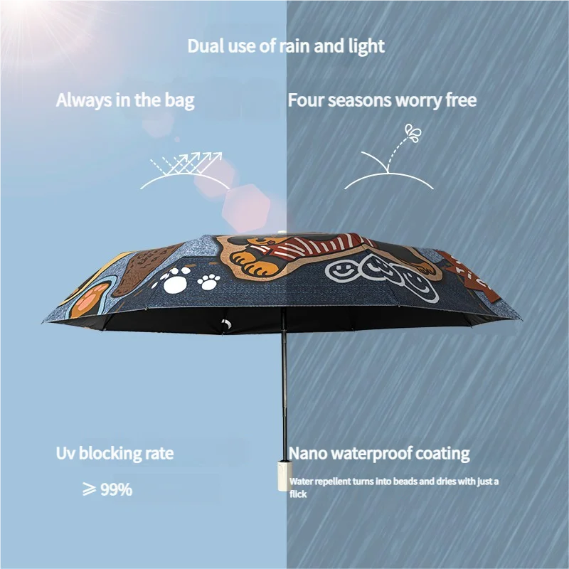 Cute Dachshund Printed Auto Umbrella - 3-Fold Compact Design, Thick Black Lining for Sun Protection & 99% UV Block, Windproof (8