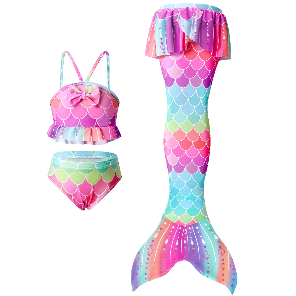 New Style 3PCS Mermaid Tail Swimsuit Custom Fish Scale Bikini Swimwear Set for Kid Girls Summer Princess Beachwear Bathing Suit