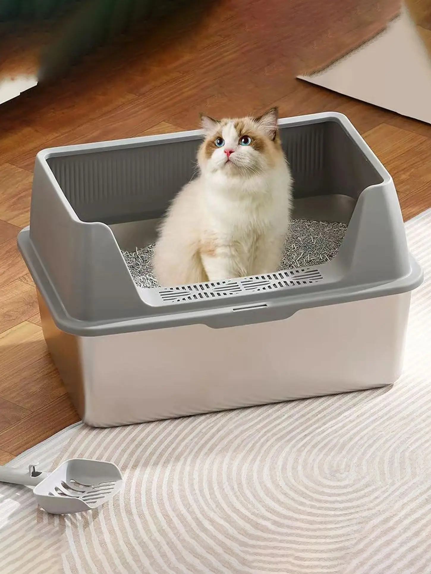 Roestvrijstalen kattenbak met kattenbakdeksel Hoge kant Geschikt voor grote katten Antiaanbaklaag Lekvrij - afbeelding 2