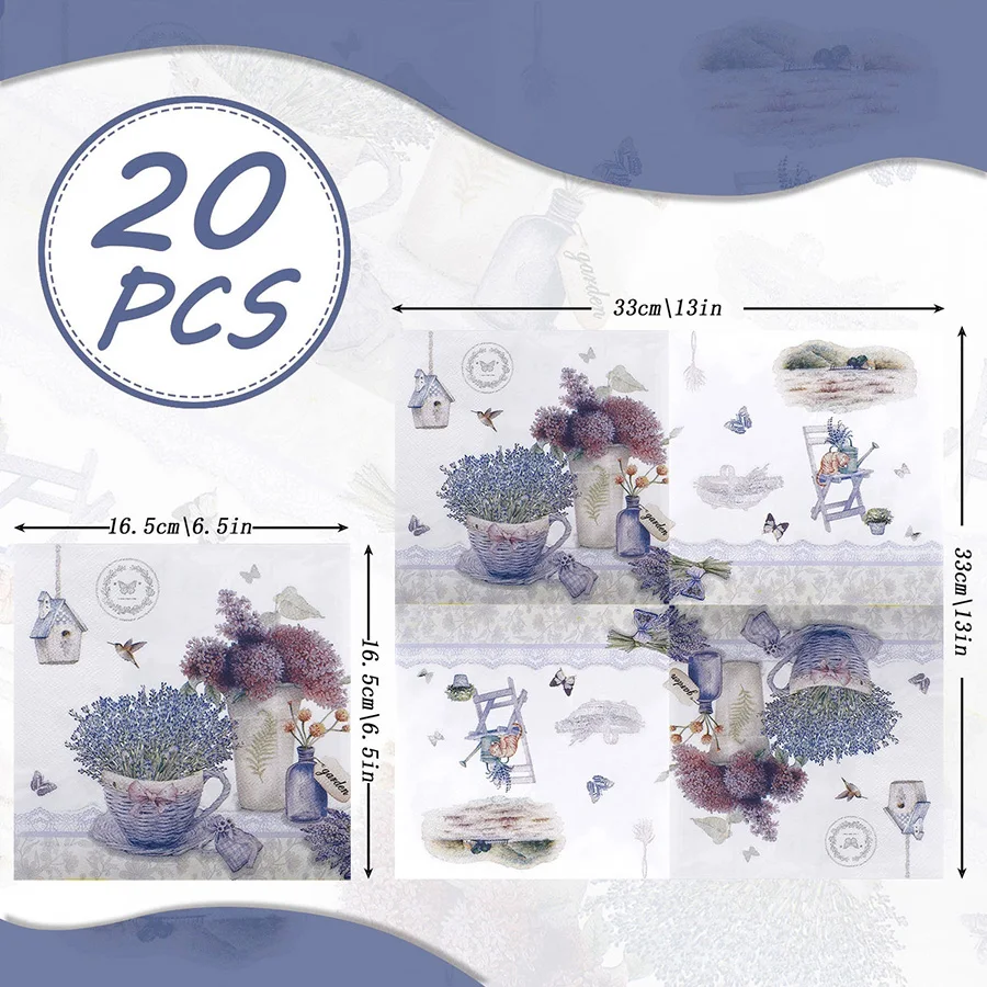 20Pcs Vintage Lavender Floral Disposable Paper Napkins Bird House Pattern Tissue Wedding Bridal Shower Home Table Decor