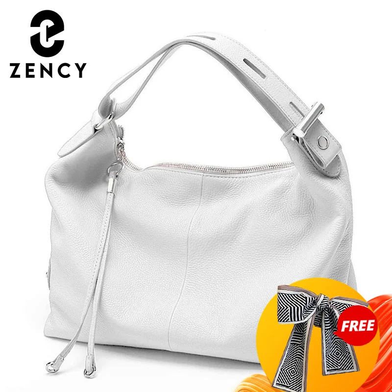 Zency-Bolso de hombro grande de piel auténtica para mujer, bolsa de mano blanca con correa ancha ajustable, bolso Hobo negro de diseñador, 100%