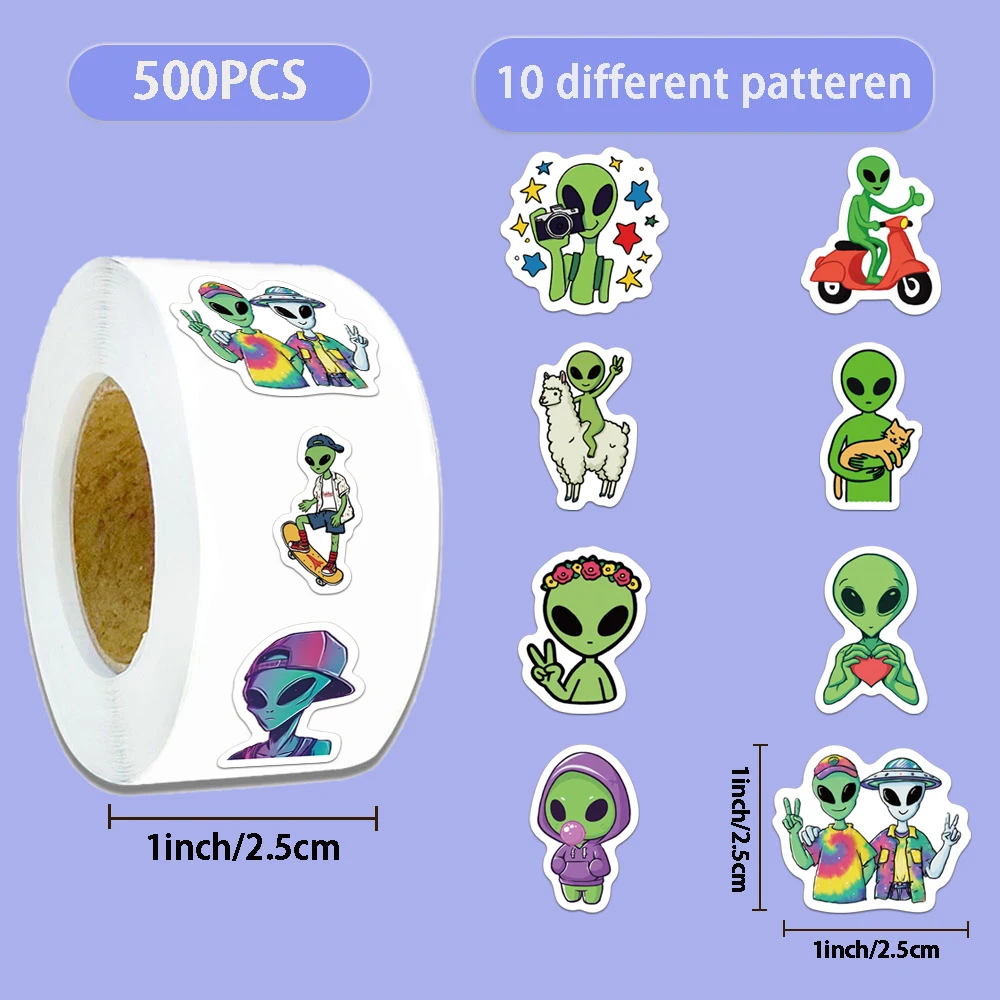 

500PCS Creative Fun Alien Cartoon Personalized Roll Stickers, Bookkeeping Material Decoration, DIY Notebook Roll Stickers