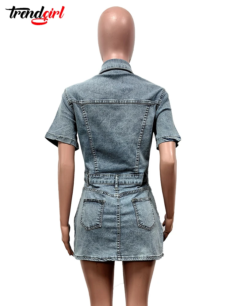 Trendgirl elegante Vestido elástico de manga corta Denim verano mujeres ajustado bolsillos sólidos fiesta de cumpleaños ceñido al cuerpo Jean Mini