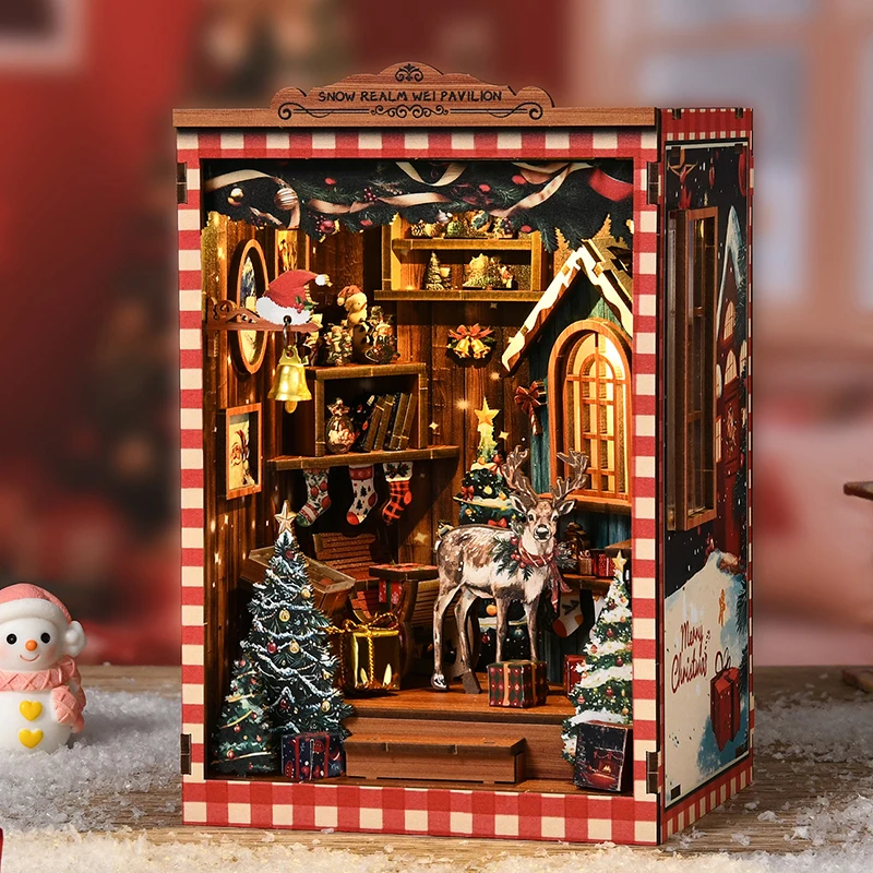 DIY Holz Weihnachten Buch Nook Regal Einsatz Kit Schneereich Wei Pavillon Buchstütze Miniatur Modell Kits Bücherregal für Freunde Geschenke