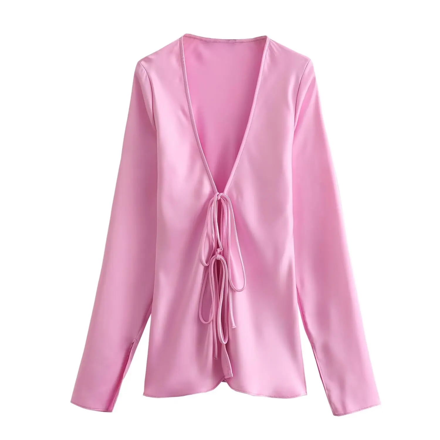 Tangada Women Bow Satin Blouse Shirt V Neck Long Sleeve 2024 Chic Female Loose Top 6X0305