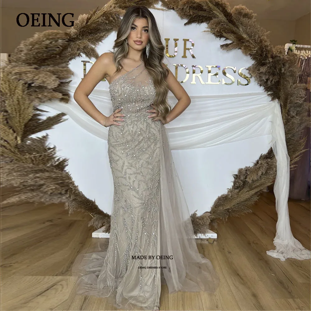 OEING Chic Tulle One Shoulder Prom Dress Floor Length Mermaid Side Split Evening Dresses Saudi Arabia Vestidos De Noche