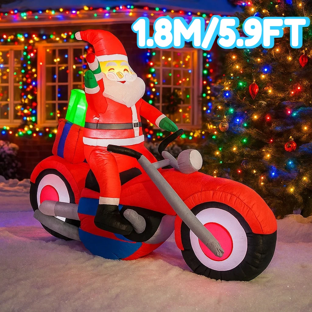 1.8M/5.9FT Inflatable Santa on Motorcycle Christmas Lights LED Home Holiday Lighting Decoration Yard Xmas Supplies Outdoor Decor