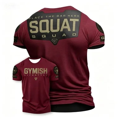 Men's Gym Fitness Short-sleeve T-shirt with SQUAT SQUAD Print Breathable for Workout & Casual Wear-