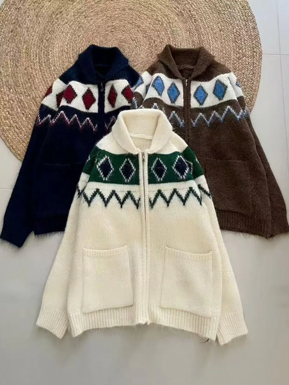 

Korean Sle Fair Isle Color Blo Diamond Collar Sweater Coat Furry Feeling Camel Hair Thiened Open Cardigan Winter Women'...