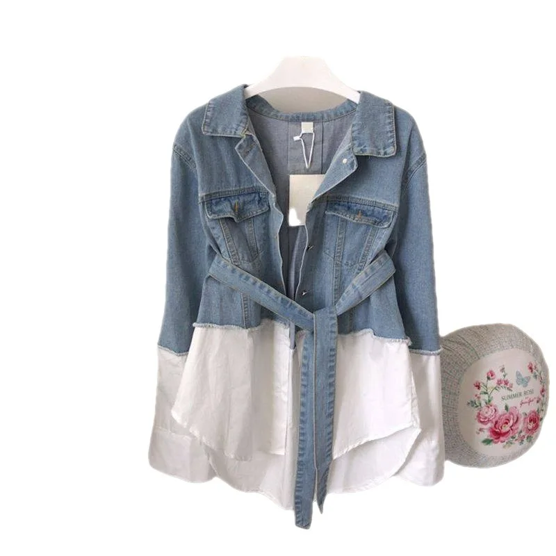 Wholesale South Korea 2024 Autumn Shirt Stitching Light-colored Old Two-piece Waist-strap Personalized Denim Jacket