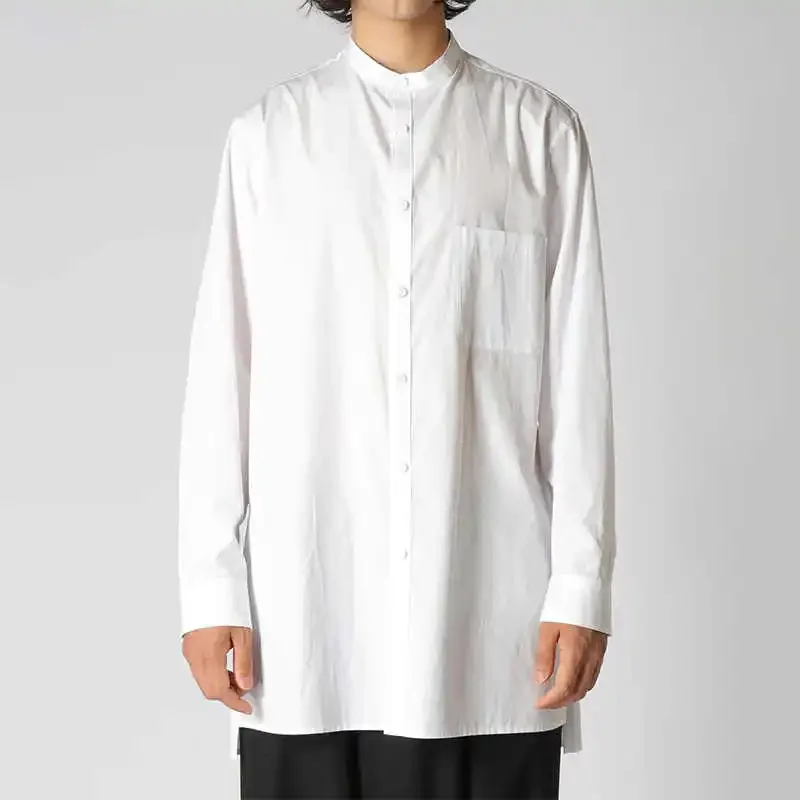 

YOJI OOAK оригинальный дизайн, небольшой воротник-стойка, японская хлопковая повседневная белая рубашка без воротника с длинными рукавами, национальная модная мужская рубашка
