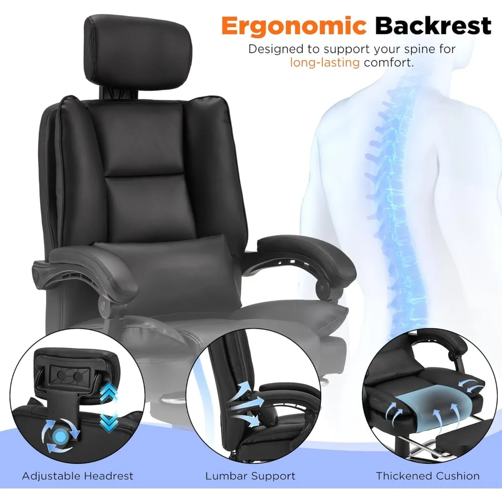 Executive Office Chair with Adjustable Headrest, Reclining Office Chair with Footrest, Leather Ergonomic Chair for Home