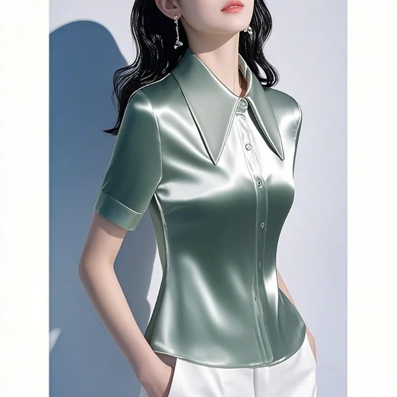 Women Clothes Summer Fashion Elegant Simplicity Solid Color Short Sleeve Shirts Women's Temperament Office Lady All-match Tops