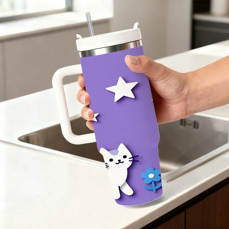 1ps Stainless Steel 40oz Insulated Tumbler, Cartoon Cats & Blue Flowers Digital Print Design, Reusable Heat & Cold Preserving Drink Cup, Ideal for Daily Commute, Office Use & Outdoor Trips