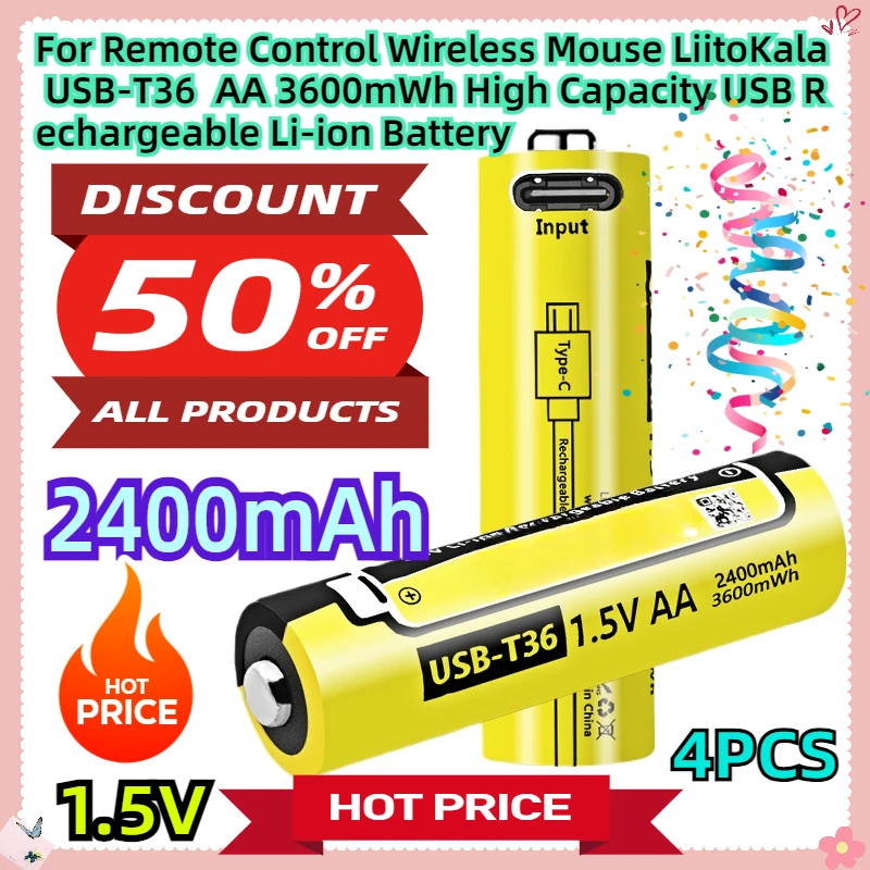 

For Remote Control Wireless Mouse LiitoKala USB-T36 1.5V AA 3600mWh High Capacity USB Rechargeable Li-ion Battery 4pcs