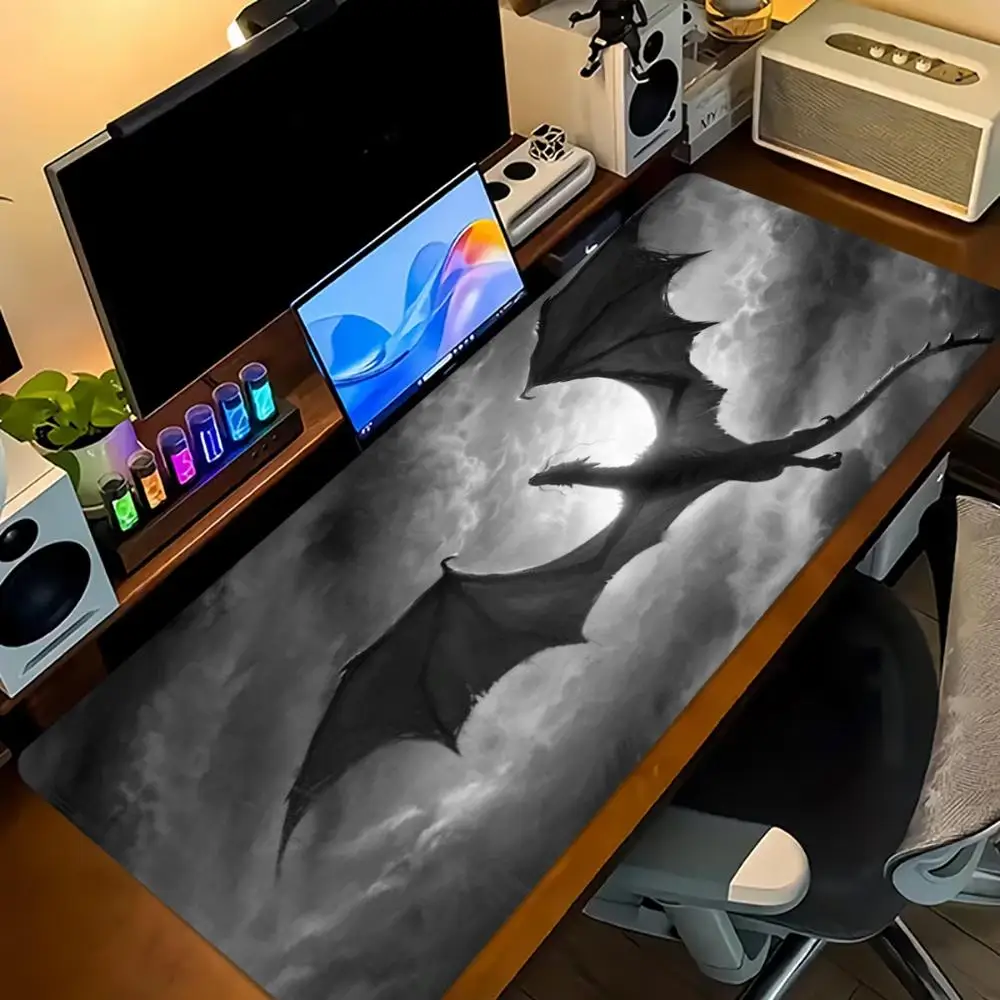 Dragon Silhouette Large Extended Gaming Mouse Pad Non Slip Desk Surface Fantasy Sunset Cloud Print