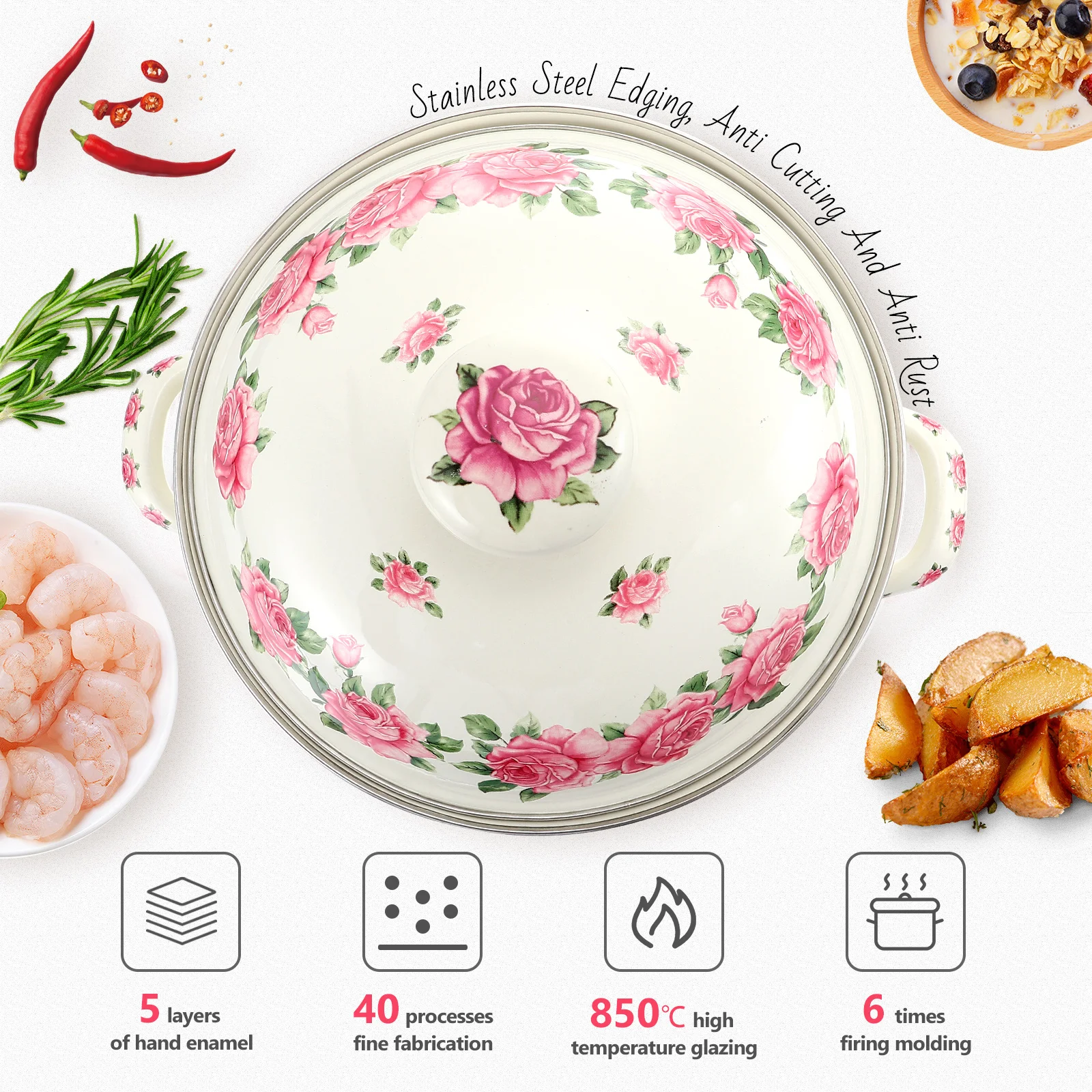 

Enamel Retro Pattern Double Handle Stew Pot Heat-Resistant Nonstick Stockpot Thickened Cooking Pot for Soup Enamel Stockpot